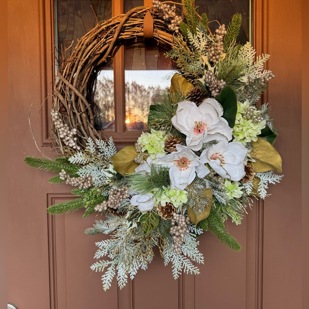 Wreath new handmade sparkling winter magnolias and hydrangeas